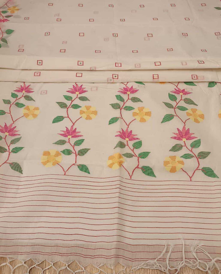 Pure Cotton handwoven jamdani saree in White & Multi Colour with a beautiful delicate & intricate floral weave on border & Aanchal. Geometric motifs woven all over the body. Blouse piece included.