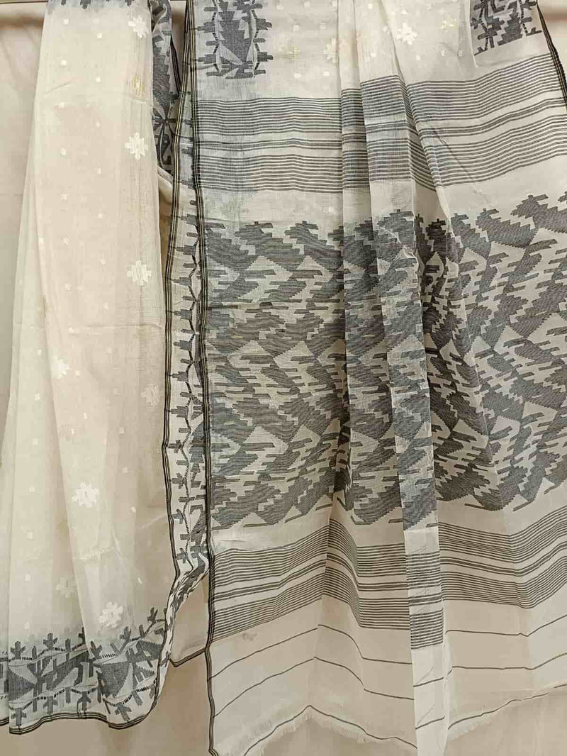 Off-white, Bangladeshi handwoven cotton jamdani saree with all-over white woven booties on body and Black Traditional Jamdani woven border and Aanchal.