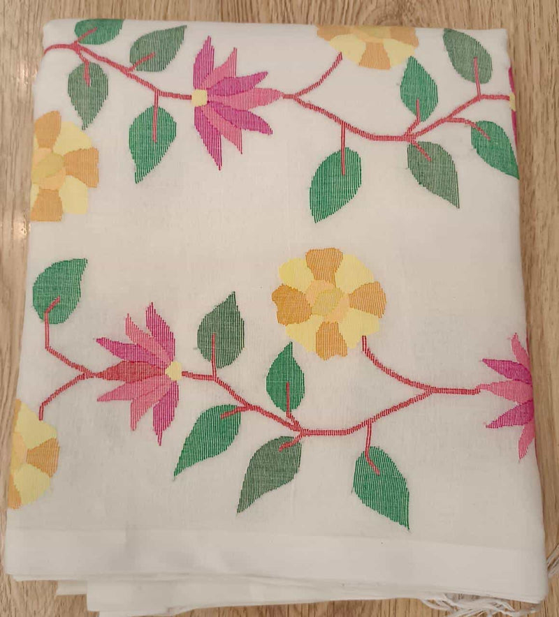 Pure Cotton handwoven jamdani saree in White & Multi Colour with a beautiful delicate & intricate floral weave on border & Aanchal. Geometric motifs woven all over the body. Blouse piece included.