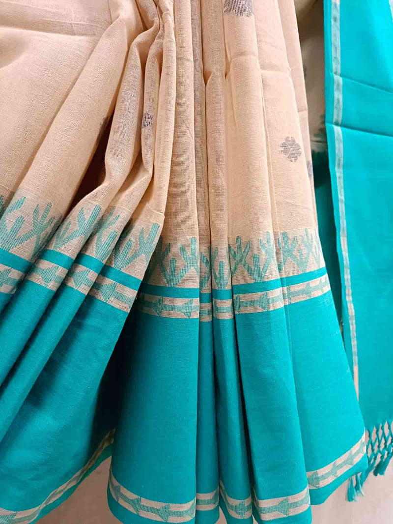 Beige & Green Border Soft Handloom Cotton Saree, with all over Grey Booties on body and Sea-Green contrast border, Blouse piece included