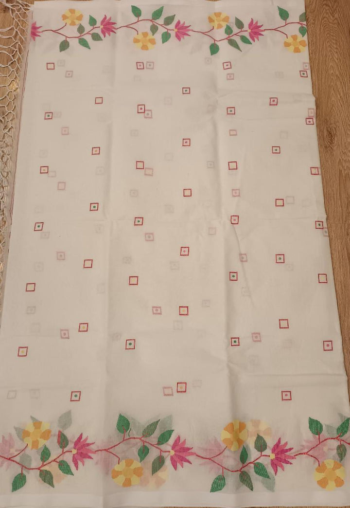 Pure Cotton handwoven jamdani saree in White & Multi Colour with a beautiful delicate & intricate floral weave on border & Aanchal. Geometric motifs woven all over the body. Blouse piece included.