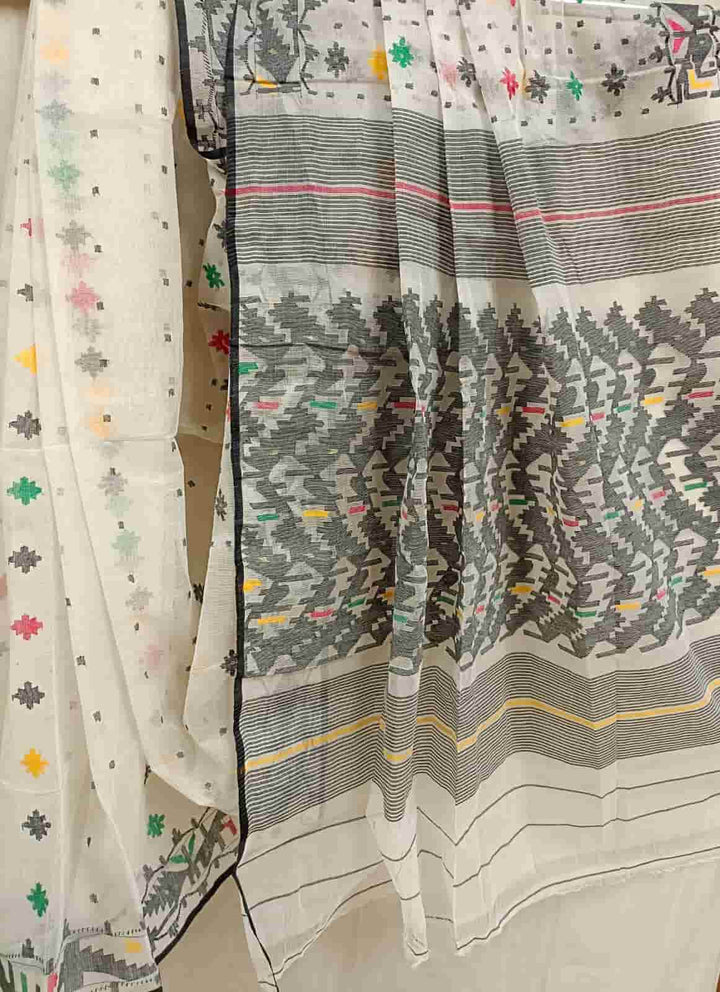 Off-White & Multicolour Traditional Bangladesh Cotton Jamdani saree Balaram Saha