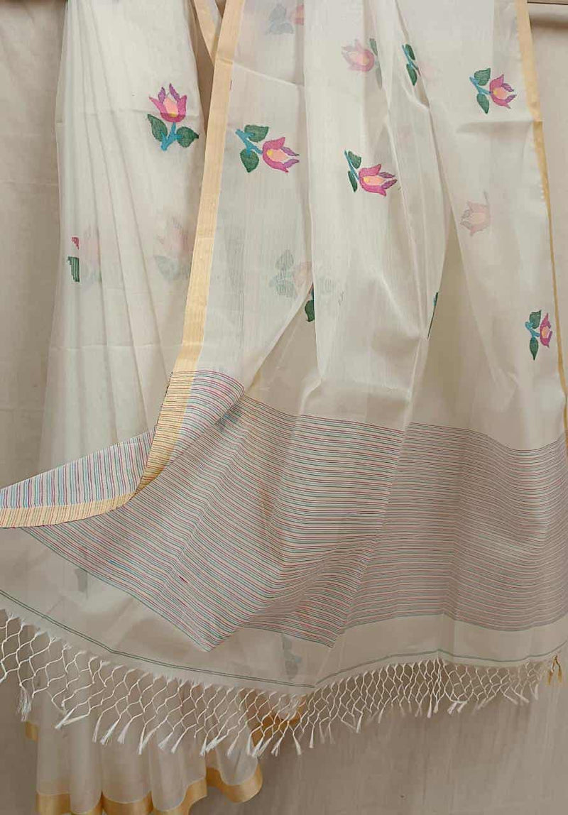Off White & Multicolour Muslin Silk Handwoven Jamdani saree with flower motifs woven all over the body & pin stripes woven on Aanchal. Blouse piece included. 