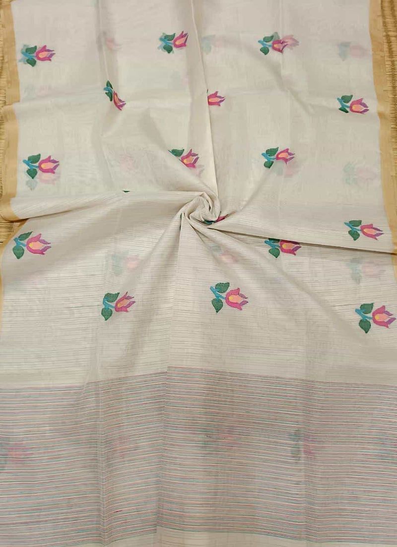 Off White & Multicolour Muslin Silk Handwoven Jamdani saree with flower motifs woven all over the body & pin stripes woven on Aanchal. Blouse piece included. 