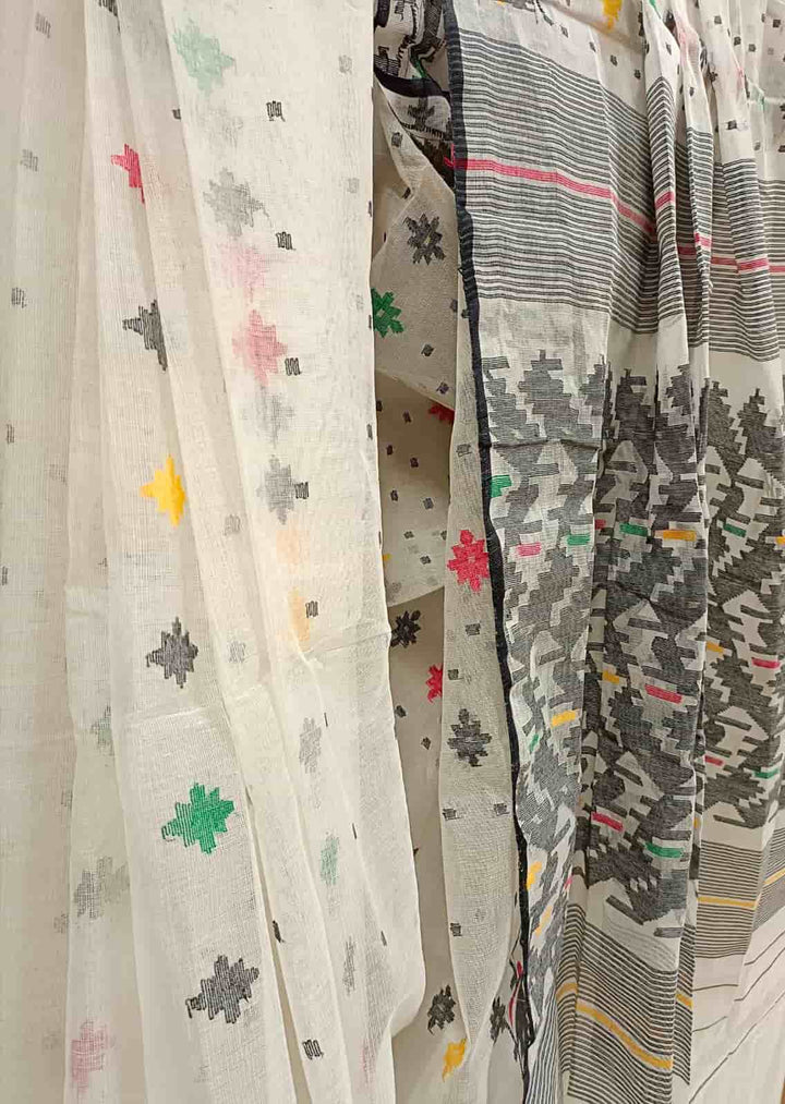 Off-White & Multicolour Traditional Bangladesh Cotton Jamdani saree Balaram Saha