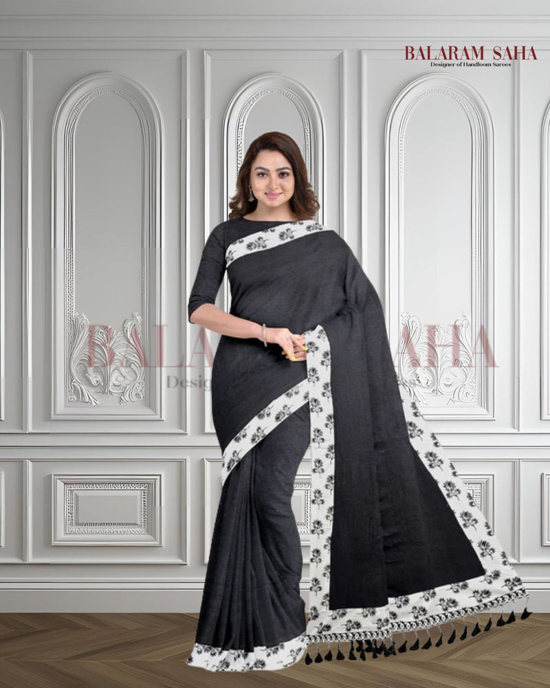 Black & White Handloom Mul Cotton Saree With Aplik Printed Border Balaram Saha