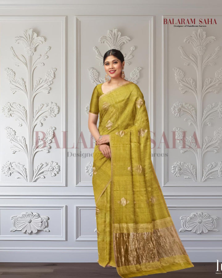 Mustard Green and Golden Zari Soft Handwoven Muslin Silk saree Balaram Saha