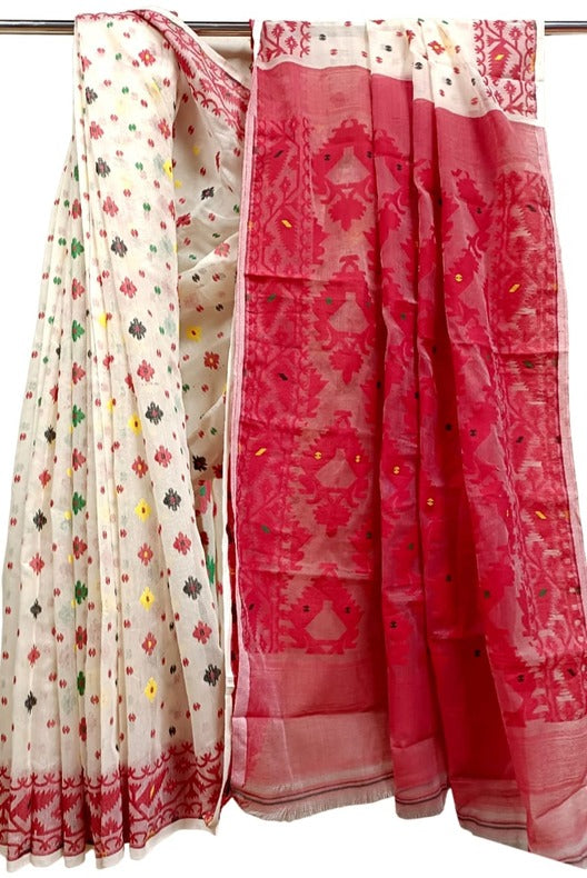 Off-White & Red Soft Handloom Jacquard Jamdani saree, Balaram Saha