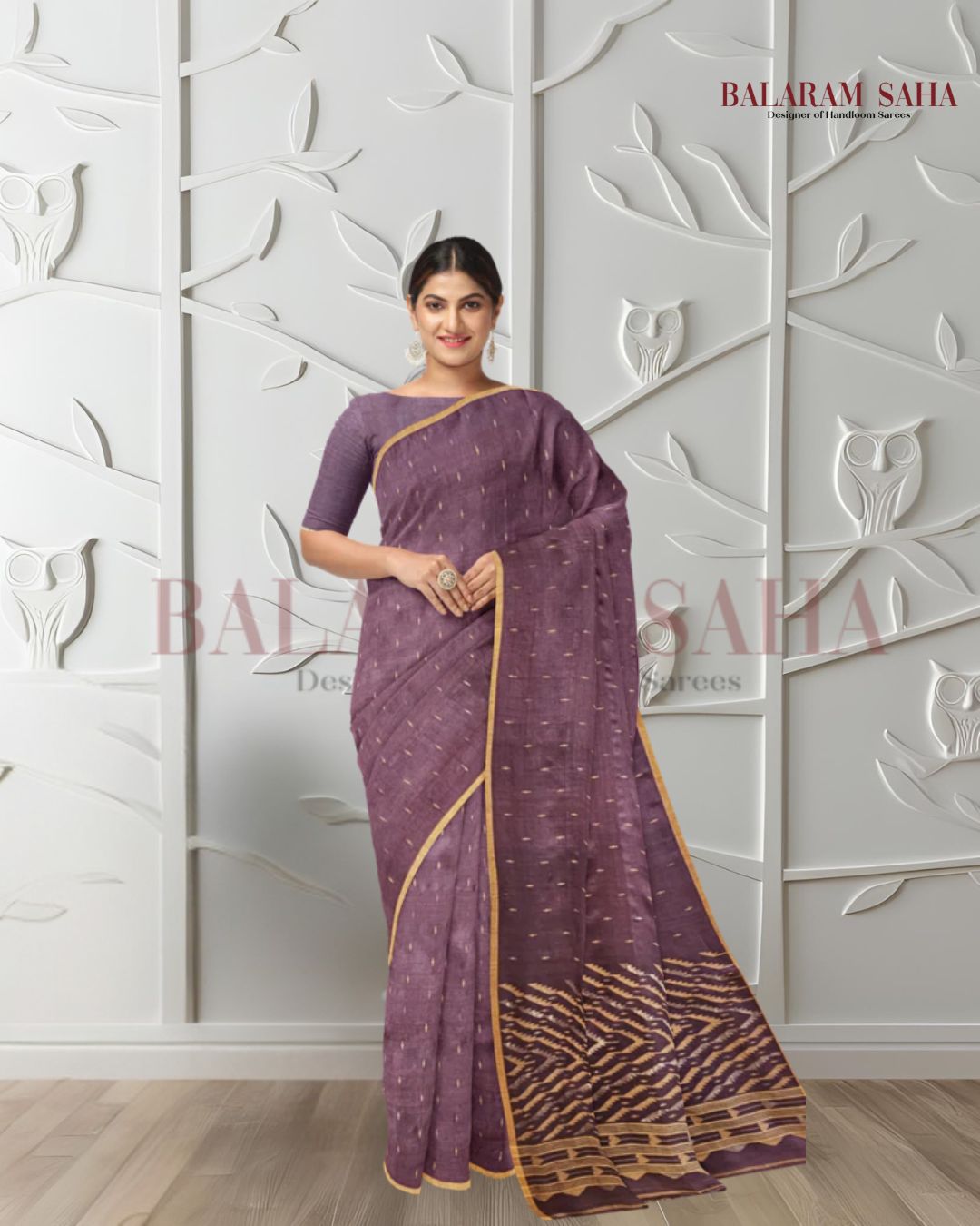 Plum & Mustard Soft Handloom Handwoven Tussar Silk Jamdani Saree Balaram Saha
