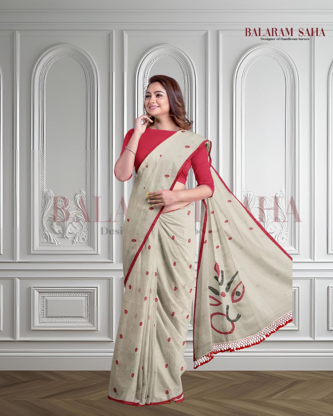 White & Red Soft Cotton Woven Jamdani saree Balaram Saha