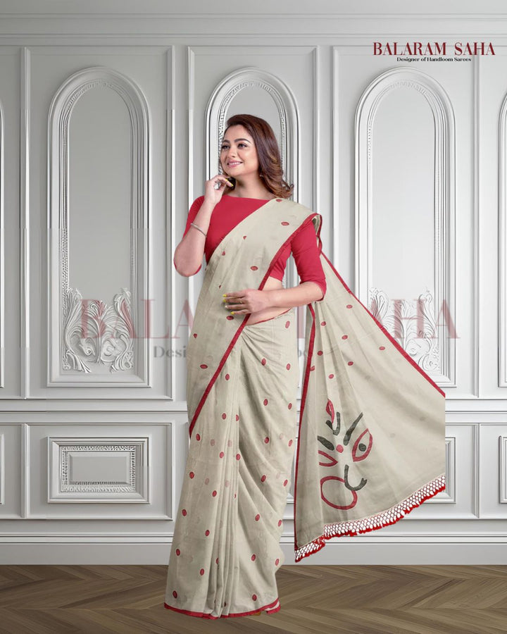 White & Red Soft Cotton Woven Jamdani saree Balaram Saha