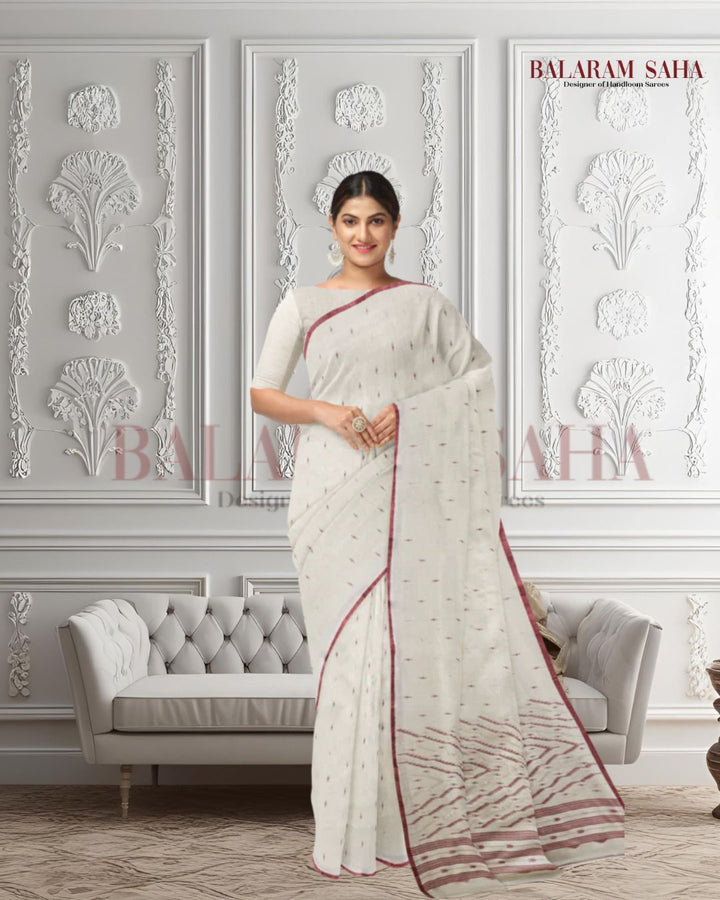 Off White Soft Handloom Handwoven Tussar Silk Jamdani Saree Balaram Saha