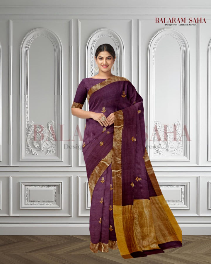 Plum & Golden Zari Handloom Soft Khadi Tussar Silk Saree Balaram Saha