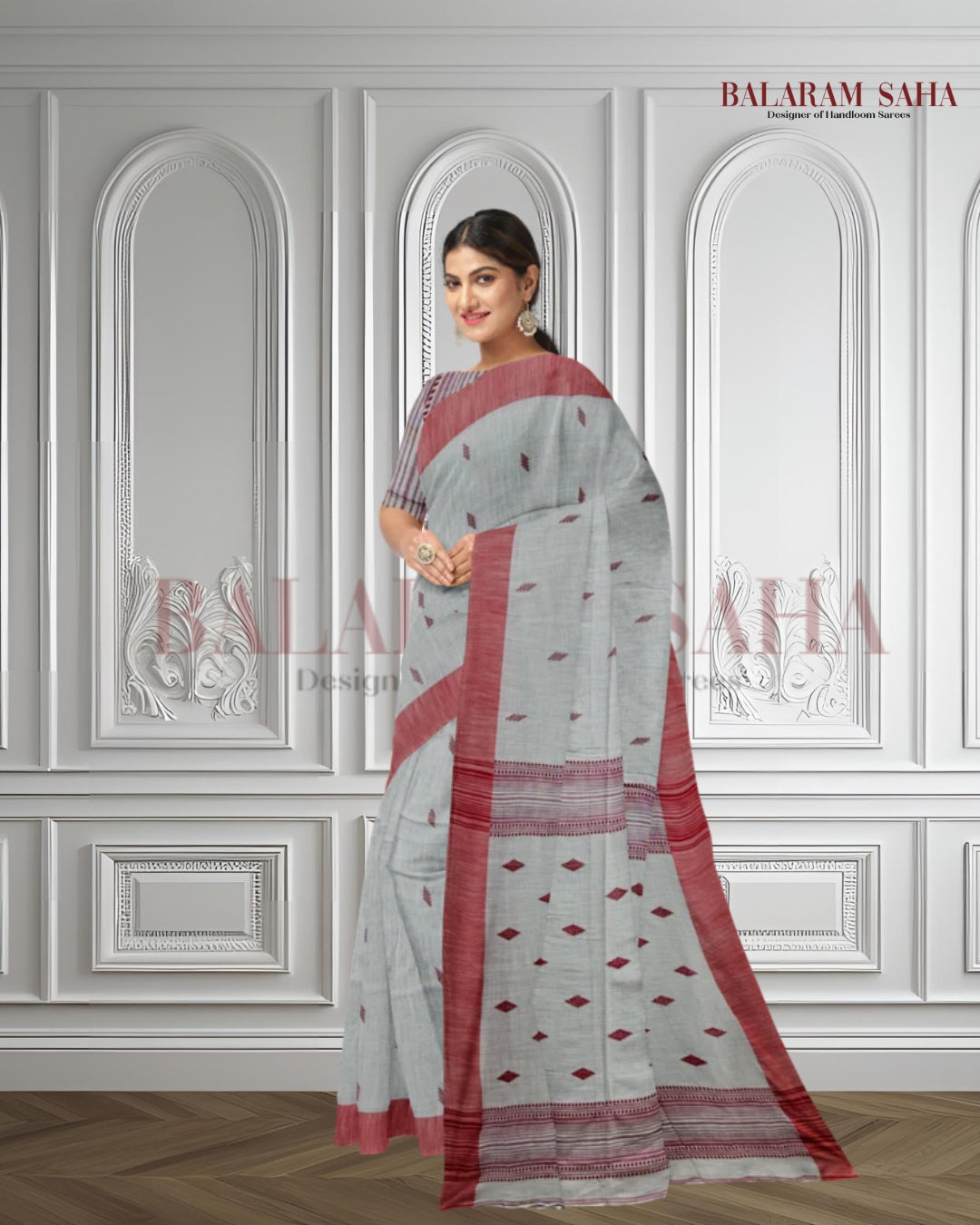 Beige & Red Handloom Soft Cotton Saree Balaram Saha
