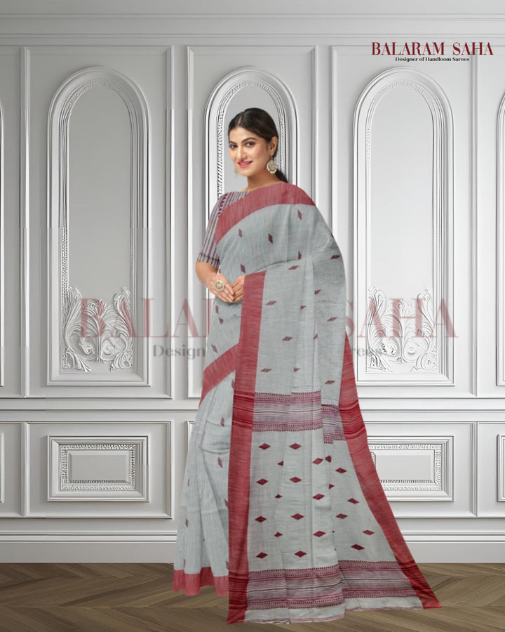 Beige & Red Handloom Soft Cotton Saree Balaram Saha