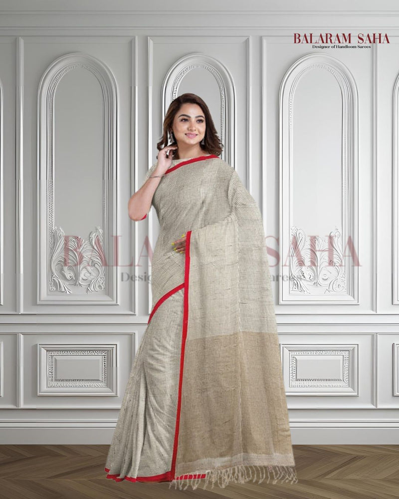 Embrace Tradition: White & Red Handloom Cotton Saree from Balaram Saha Balaram Saha