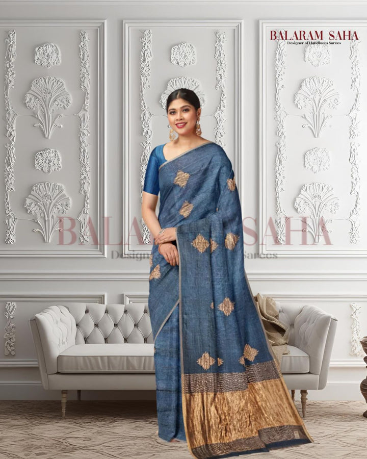 Peacock Blue and Golden Zari Soft Handwoven Muslin Silk Saree Balaram Saha