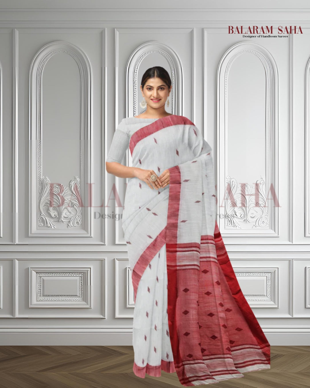 White & Red Handloom Soft Cotton Saree Balaram Saha