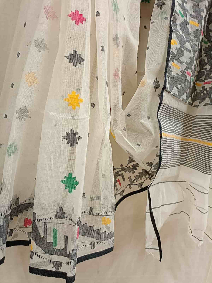 Off-White & Multicolour Traditional Bangladesh Cotton Jamdani saree Balaram Saha