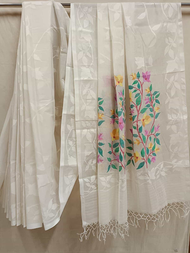 Off-White Fine Cotton Handloom Handwoven Dhakai Jamdani Saree With all Over White Colour Floral Woven on Body and Multicolour Floral Woven on Aanchal Blouse piece Included,