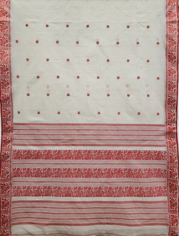 Off White & Red, traditional cotton Jacquard weave saree Balaram Saha