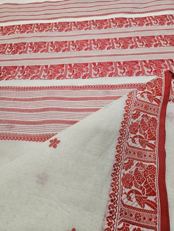 Off White & Red, traditional cotton Jacquard weave saree Balaram Saha