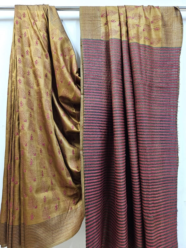 Pure Handloom Katan Silk Handstitch Kantha Saree Balaram Saha