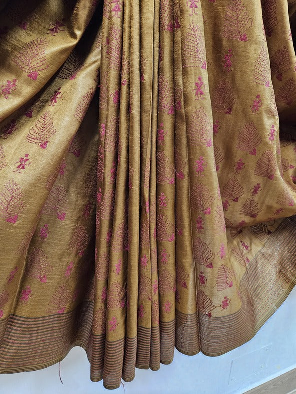 Pure Handloom Katan Silk Handstitch Kantha Saree Balaram Saha
