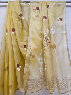 Light Mustard Handwoven Muslin Silk Jamdani Saree Balaram Saha