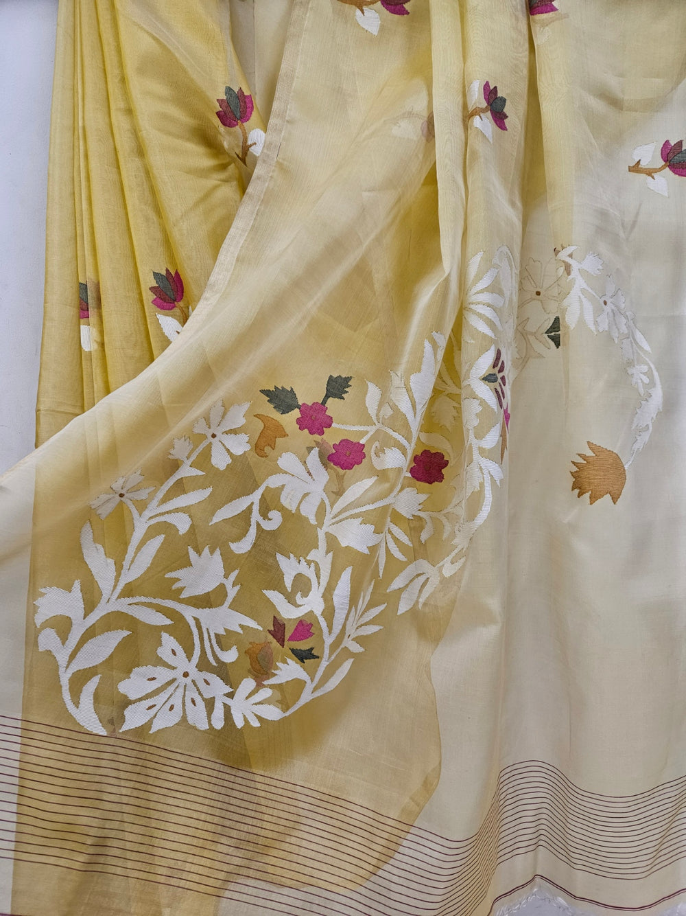 Light Mustard Handwoven Muslin Silk Jamdani Saree Balaram Saha