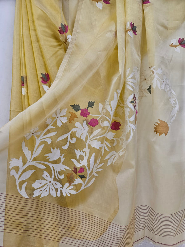 Light Mustard Handwoven Muslin Silk Jamdani Saree Balaram Saha