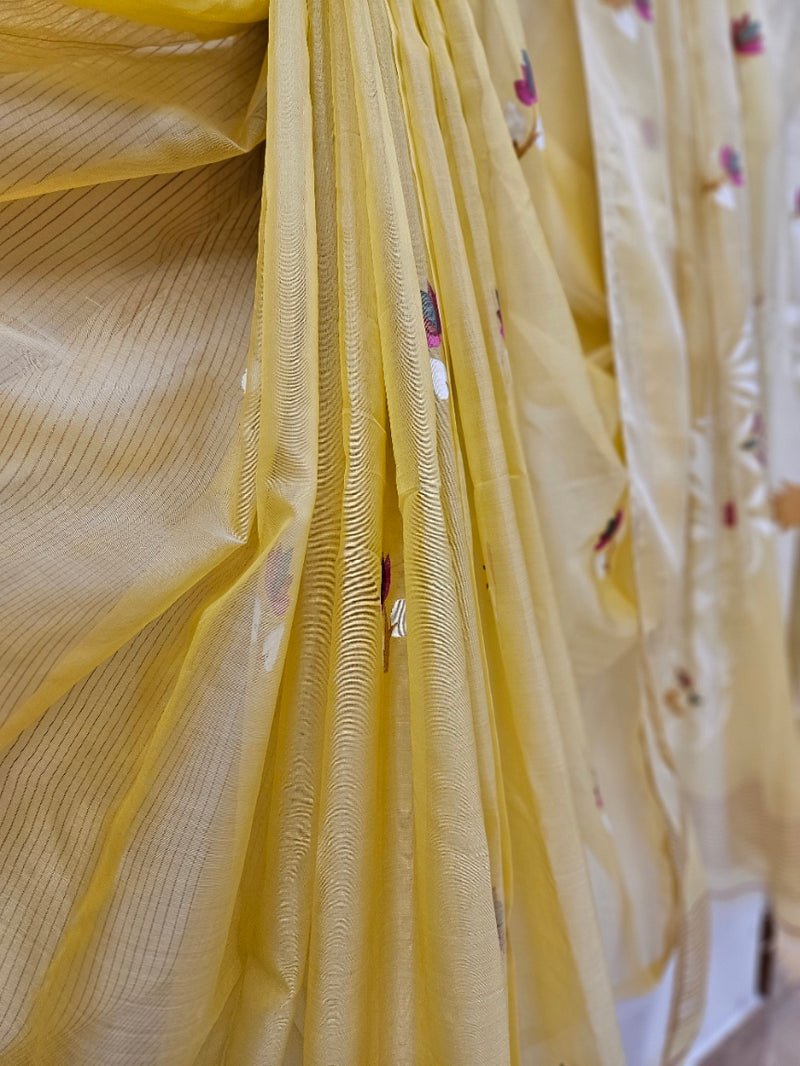 Light Mustard Handwoven Muslin Silk Jamdani Saree Balaram Saha