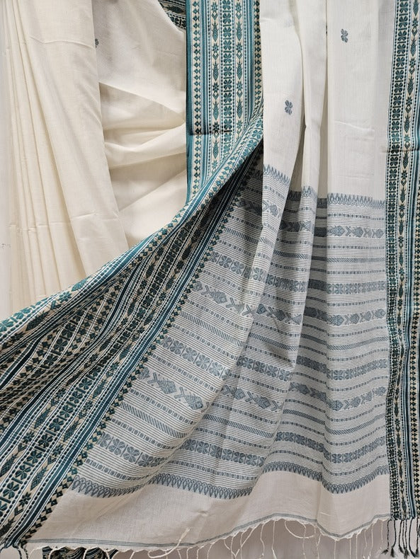 Off-White & Blue Soft Handloom cotton saree Balaram Saha