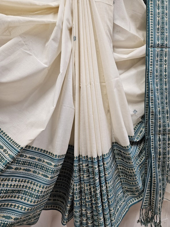 Off-White & Blue Soft Handloom cotton saree Balaram Saha