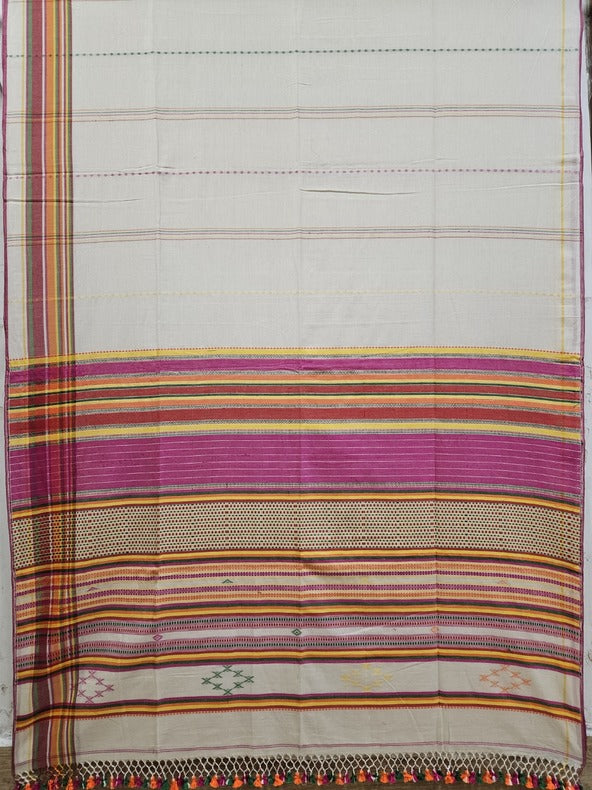 Off White & Multi Coloured Soft Cotton Handwoven Saree Balaram Saha