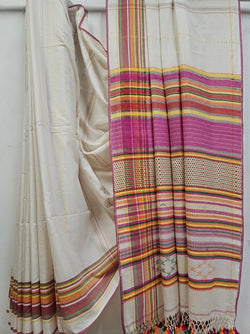 Off White & Multi Coloured Soft Cotton Handwoven Saree Balaram Saha