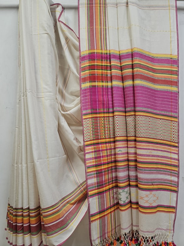 Off White & Multi Coloured Soft Cotton Handwoven Saree Balaram Saha