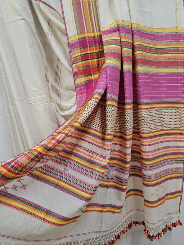 Off White & Multi Coloured Soft Cotton Handwoven Saree Balaram Saha