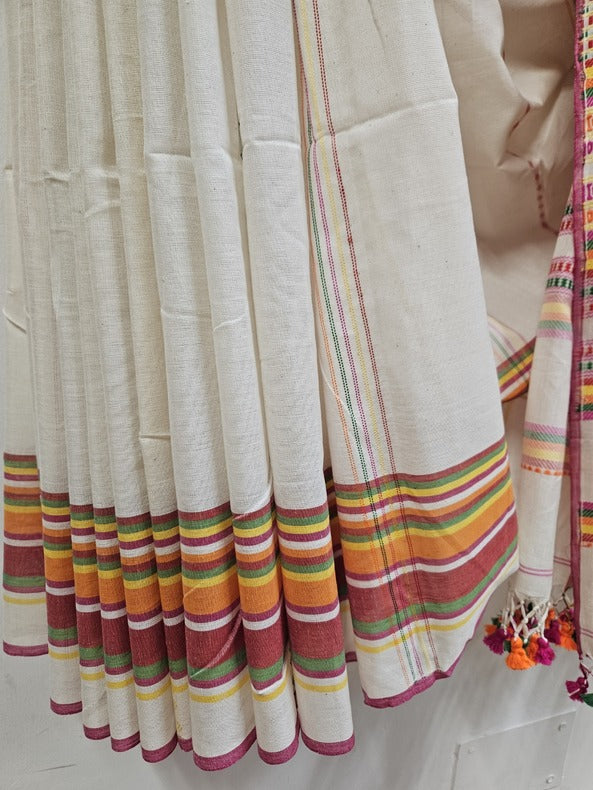 Off White & Multi Coloured Soft Cotton Handwoven Saree Balaram Saha