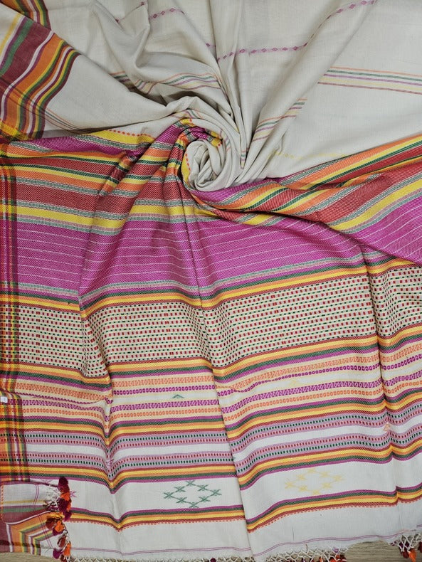 Off White & Multi Coloured Soft Cotton Handwoven Saree Balaram Saha