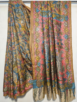 Balaram Saha: Luxury Meets Tradition - Rust Handloom Tussar Silk Saree with Hand-Painted Kalamkari Balaram Saha