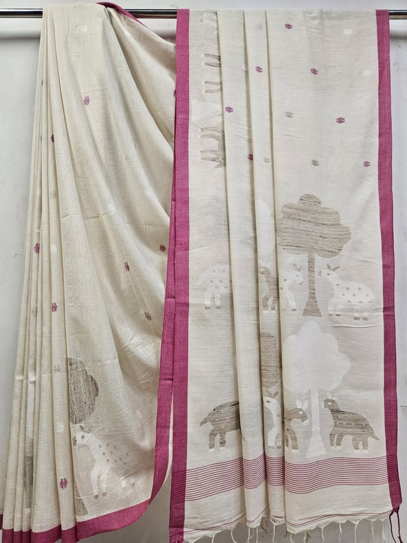 Off-White & Pink Soft Handspun Handwoven Cotton Jamdani Saree Balaram Saha