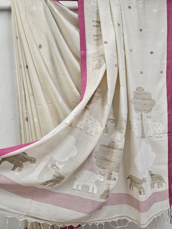 Off-White & Pink Soft Handspun Handwoven Cotton Jamdani Saree Balaram Saha