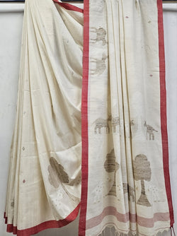 Off-White & Beige Soft  Handspun Handwoven Cotton Jamdani Saree Balaram Saha