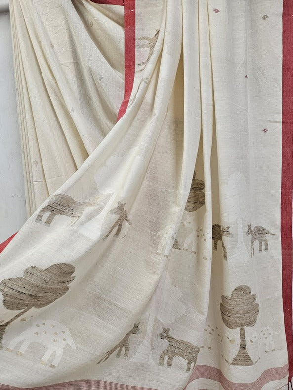 Off-White & Beige Soft  Handspun Handwoven Cotton Jamdani Saree Balaram Saha