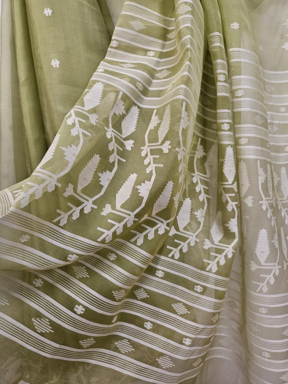 A Breath of Spring: Light Green & White Muslin Jamdani Saree from Balaram Saha Balaram Saha