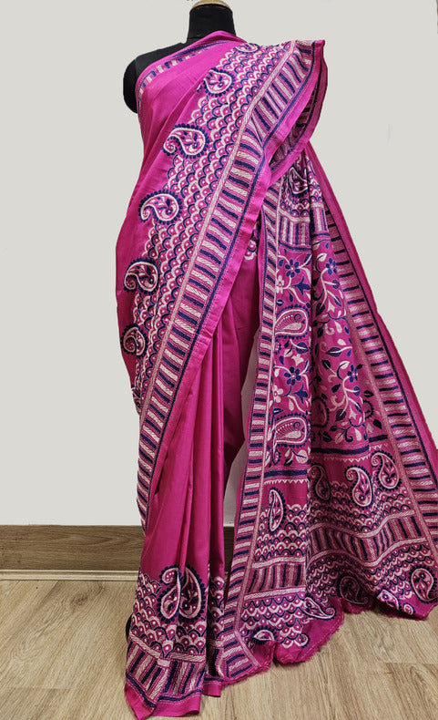 Magenta | Luxurious Pure Silk Saree Featuring Hand Embroidery Kanth Stitch Balaram Saha