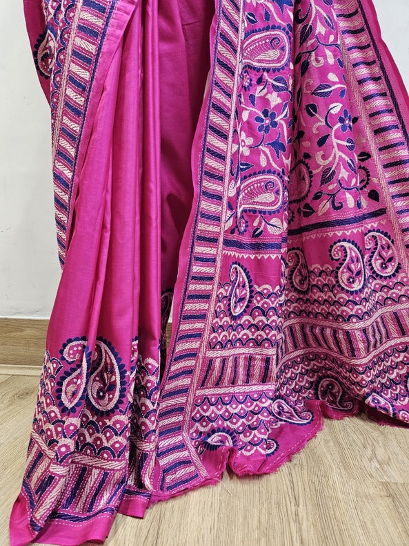 Magenta | Luxurious Pure Silk Saree Featuring Hand Embroidery Kanth Stitch Balaram Saha