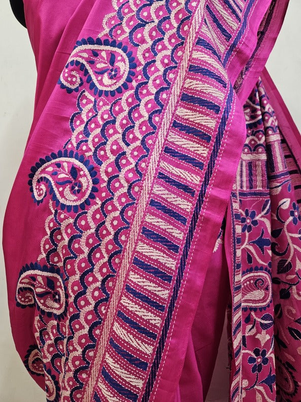 Magenta | Luxurious Pure Silk Saree Featuring Hand Embroidery Kanth Stitch Balaram Saha