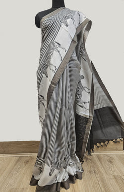 White & Black Handloom Mulberry Printed Silk Saree . Balaram Saha